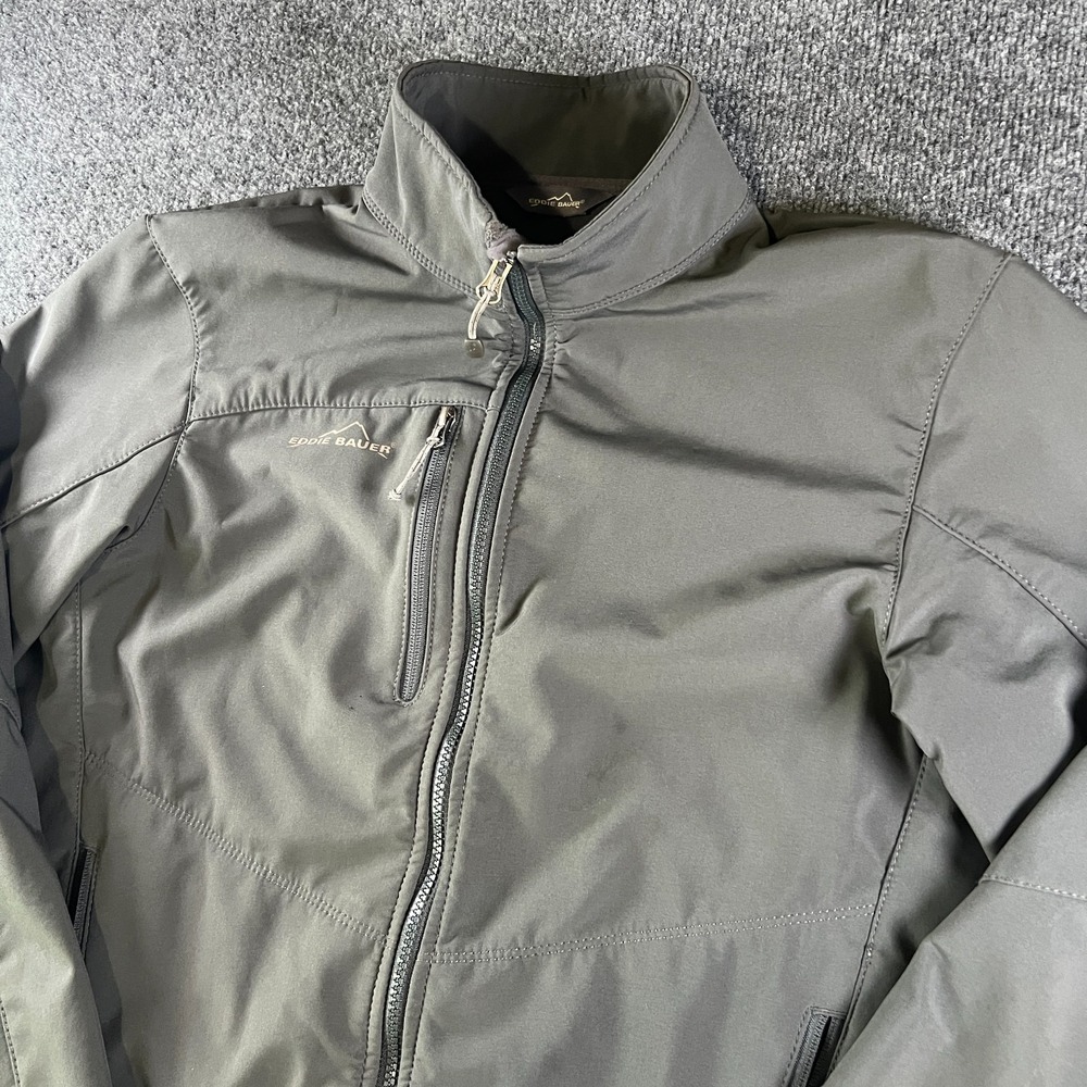 Eddie Bauer Jacket Mens Medium Gray Stretch Fleece Lined Softshell Logo Full Zip